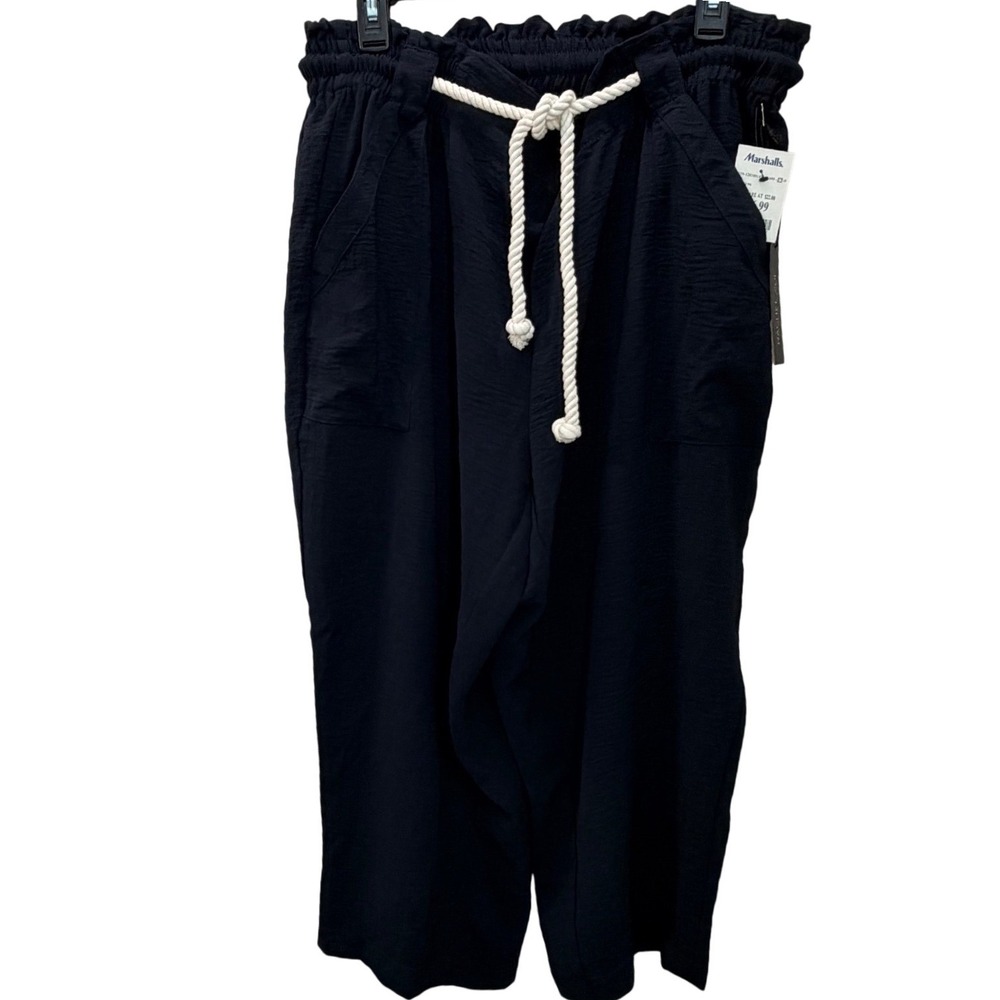 Rachel Zoe Navy Blue Crinkle Wide Leg Pants Cropped Drawstring Wst Plus Size 1X